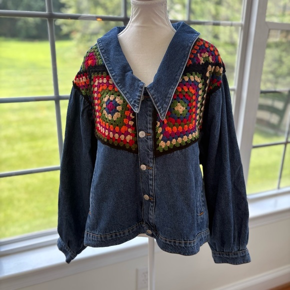 FARM RIO Crochet Embroidered Denim Jacket granny square‎ medium black new med - Picture 8 of 14